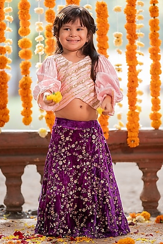 Purple Velvet Embroidered Lehenga Set For Girlss by  Kirti Agarwal Pret n Couture