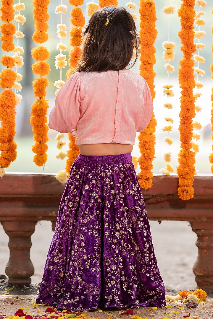 Purple Velvet Embroidered Lehenga Set For Girlss by Kirti Agarwal Pret n Couture at Pernia's Pop Up Shop