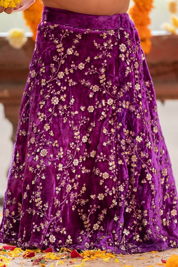 Purple Velvet Embroidered Lehenga Set For Girlss by Kirti Agarwal Pret n Couture at Pernia's Pop Up Shop