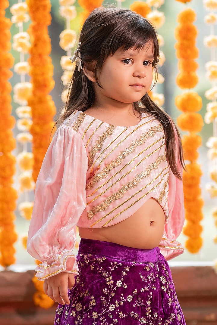 Purple Velvet Embroidered Lehenga Set For Girlss by Kirti Agarwal Pret n Couture at Pernia's Pop Up Shop