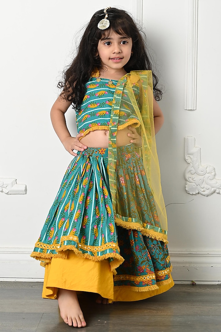 Blue & Yellow Pure Cotton Printed Lehenga Set For Girlss by  Kirti Agarwal Pret n Couture at Pernia's Pop Up Shop