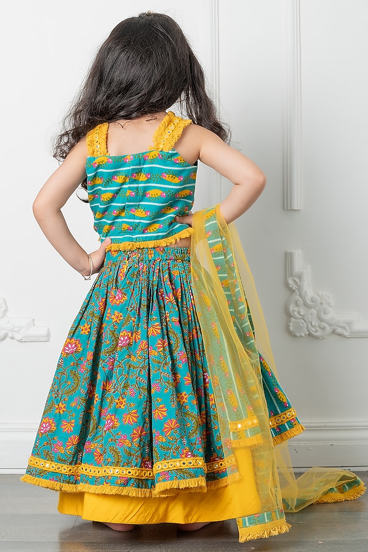 Blue & Yellow Pure Cotton Printed Lehenga Set For Girlss by Kirti Agarwal Pret n Couture at Pernia's Pop Up Shop