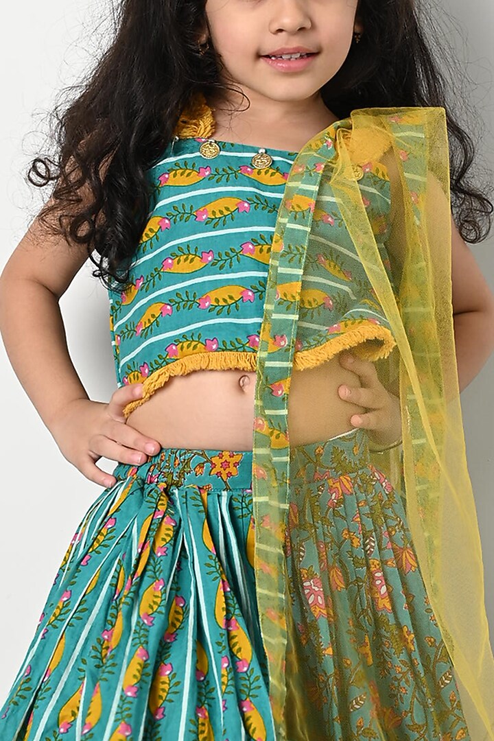 Blue & Yellow Pure Cotton Printed Lehenga Set For Girlss by Kirti Agarwal Pret n Couture at Pernia's Pop Up Shop