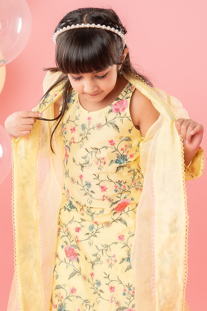 Yellow Organza & Chanderi Silk Thread Embroidered Jacket Set For Girlss by Kirti Agarwal Pret n Couture at Pernia's Pop Up Shop