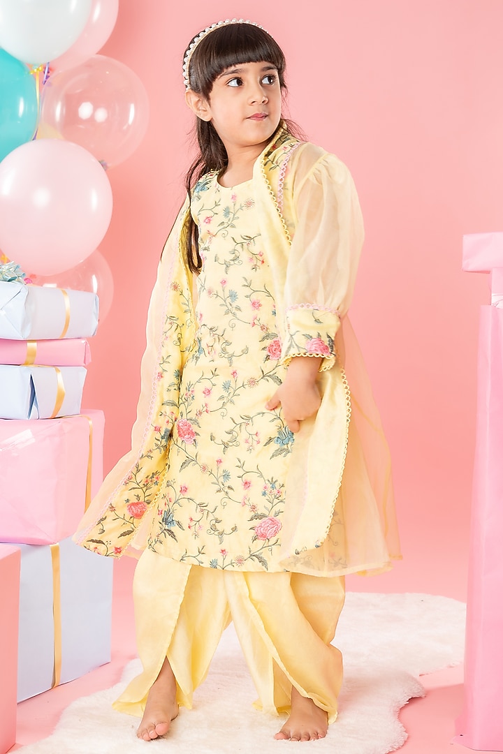Yellow Organza & Chanderi Silk Thread Embroidered Jacket Set For Girlss by Kirti Agarwal Pret n Couture at Pernia's Pop Up Shop