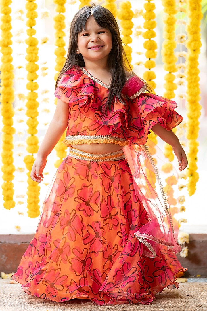 Orange & Pink Organza Floral Printed Lehenga Set For Girlss by  Kirti Agarwal Pret n Couture at Pernia's Pop Up Shop