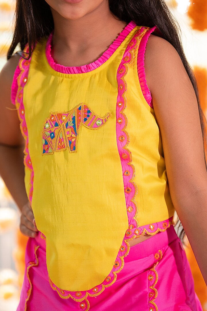 Pink Taffeta Silk & Satin Raw Silk Embroidered Lehenga Set For Girls by Kirti Agarwal Pret n Couture at Pernia's Pop Up Shop