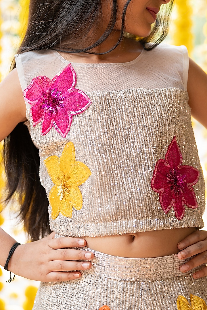 Light Silver Sequins & Net Floral Embroidered Lehenga Set For Girls by Kirti Agarwal Pret n Couture at Pernia's Pop Up Shop