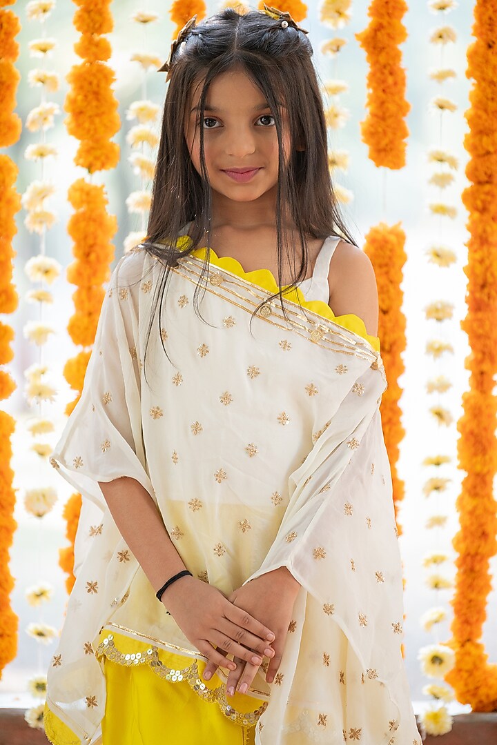 Off-White & Yellow Georgette Embroidered Cape Set For Girls by Kirti Agarwal Pret n Couture at Pernia's Pop Up Shop