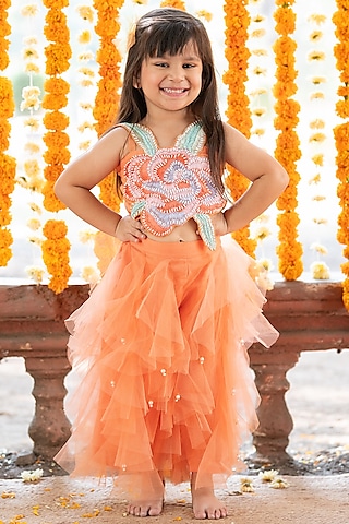 Orange Net & Shantoon Pearl Embroidered Skirt Set For Girls by  Kirti Agarwal Pret n Couture