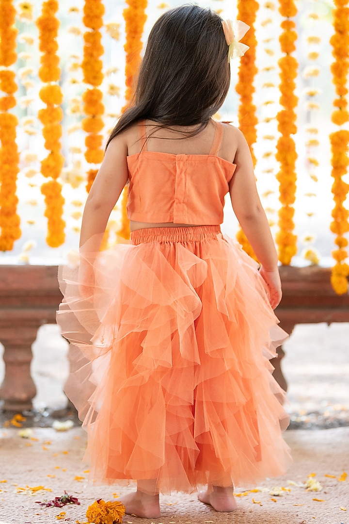 Orange Net & Shantoon Pearl Embroidered Skirt Set For Girls by Kirti Agarwal Pret n Couture at Pernia's Pop Up Shop