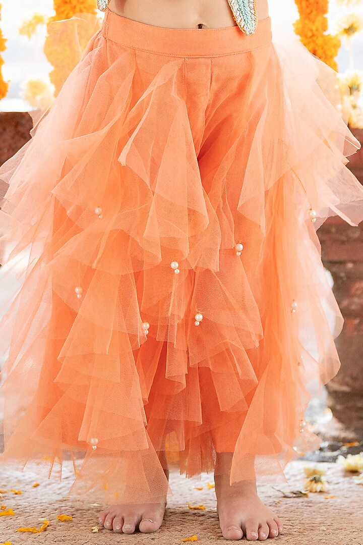 Orange Net & Shantoon Pearl Embroidered Skirt Set For Girls by Kirti Agarwal Pret n Couture at Pernia's Pop Up Shop