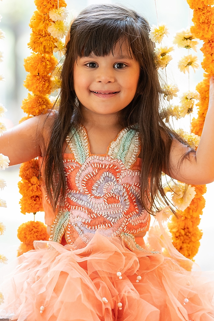 Orange Net & Shantoon Pearl Embroidered Skirt Set For Girls by Kirti Agarwal Pret n Couture at Pernia's Pop Up Shop