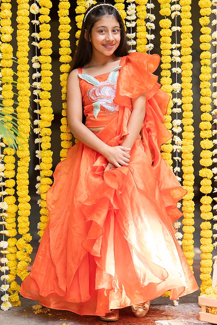 Orange Shantoon Lehenga Set For Girls by  Kirti Agarwal Pret n Couture at Pernia's Pop Up Shop