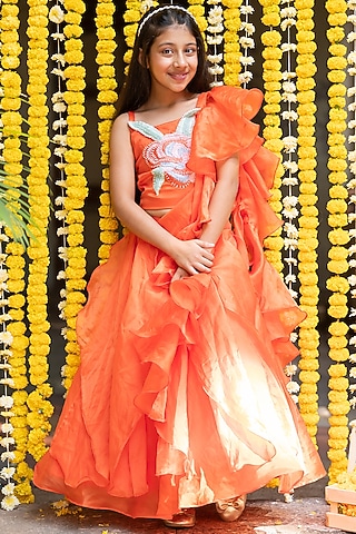 Orange Shantoon Lehenga Set For Girls by  Kirti Agarwal Pret n Couture