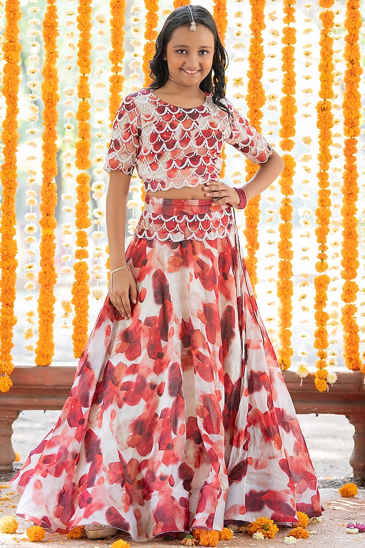 Maroon & Off-White Georgette Floral Printed Lehenga Set For Girls by  Kirti Agarwal Pret n Couture at Pernia's Pop Up Shop