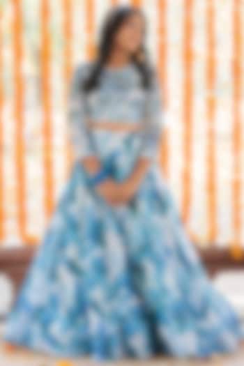 Blue & Off-White Georgette Floral Printed Lehenga Set For Girls by Kirti Agarwal Pret n Couture at Pernia's Pop Up Shop