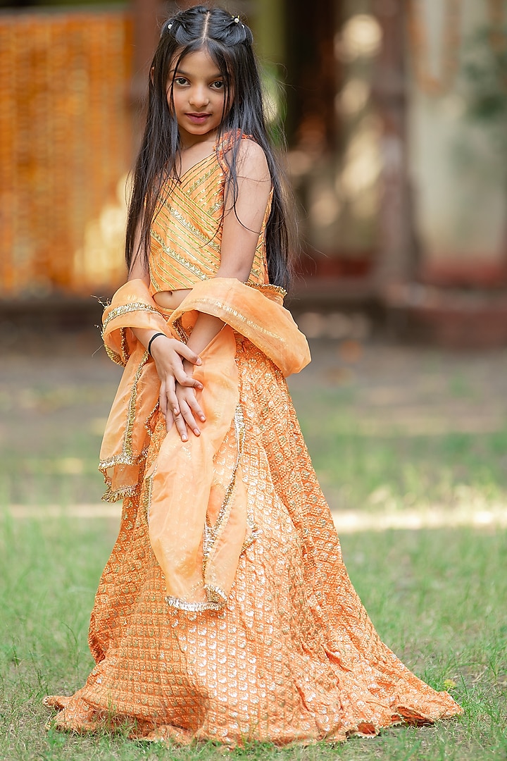 Orange Silk Embroidered Lehenga Set For Girls by  Kirti Agarwal Pret n Couture at Pernia's Pop Up Shop