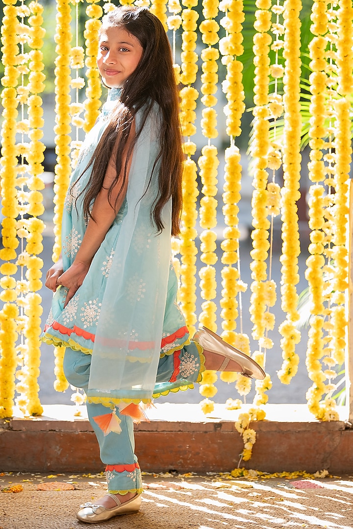 Light Blue Crepe Mirror Embroidered Anarkali Set For Girls by Kirti Agarwal Pret n Couture at Pernia's Pop Up Shop