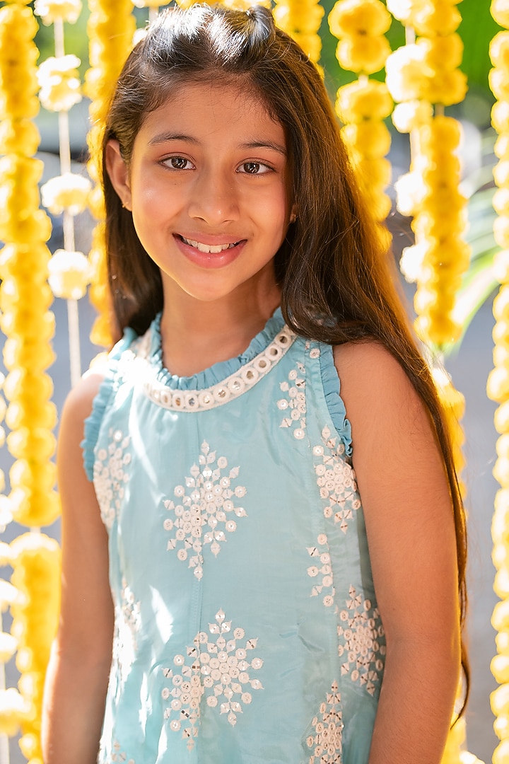 Light Blue Crepe Mirror Embroidered Anarkali Set For Girls by Kirti Agarwal Pret n Couture at Pernia's Pop Up Shop