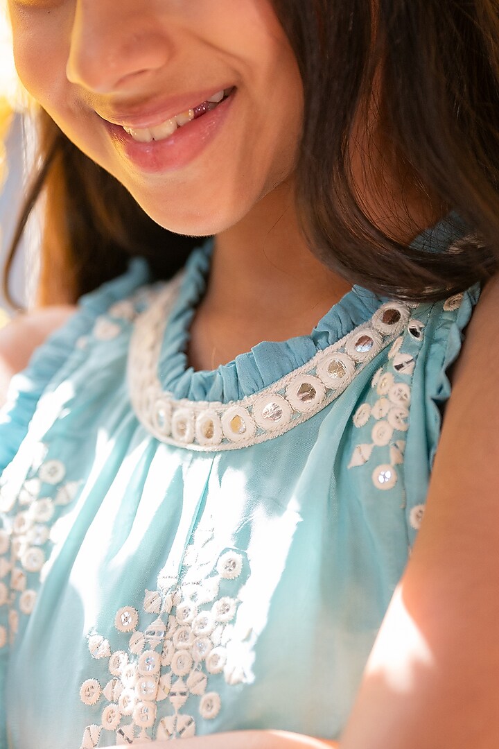 Light Blue Crepe Mirror Embroidered Anarkali Set For Girls by Kirti Agarwal Pret n Couture at Pernia's Pop Up Shop