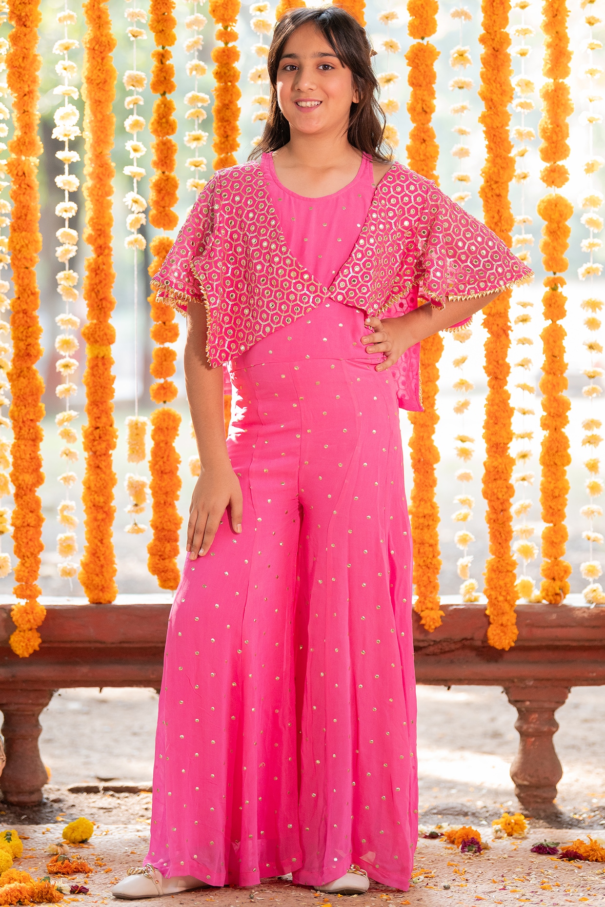 Pink Georgette Embroidered Jumpsuit With Shrug For Girls by Kirti Agarwal Pret n Couture at Pernia s Pop Up Shop