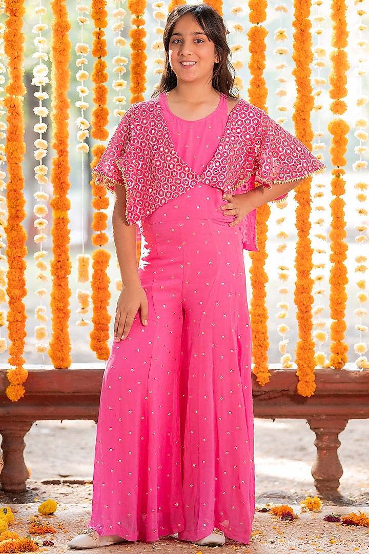 Pink Georgette Embroidered Jumpsuit With Shrug For Girls by  Kirti Agarwal Pret n Couture at Pernia's Pop Up Shop