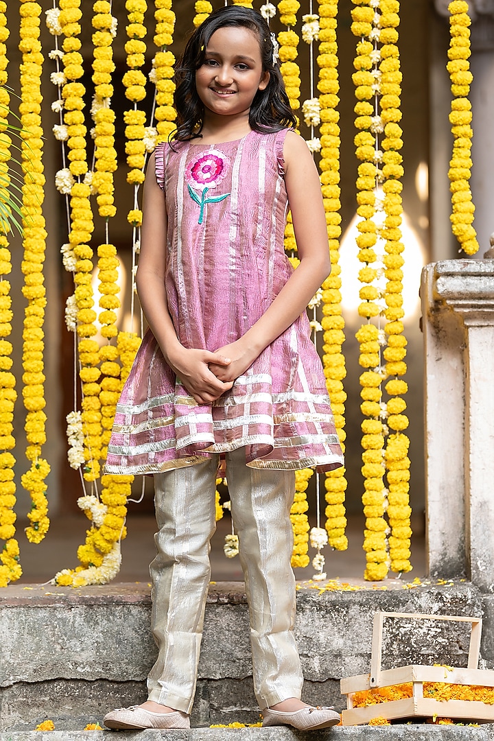 Pink Tissue Floral Embroidered Anarkali Set For Girls by  Kirti Agarwal Pret n Couture at Pernia's Pop Up Shop