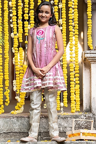 Pink Tissue Floral Embroidered Anarkali Set For Girls by  Kirti Agarwal Pret n Couture