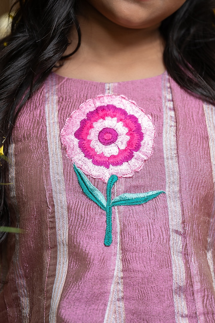 Pink Tissue Floral Embroidered Anarkali Set For Girls by  Kirti Agarwal Pret n Couture at Pernia's Pop Up Shop