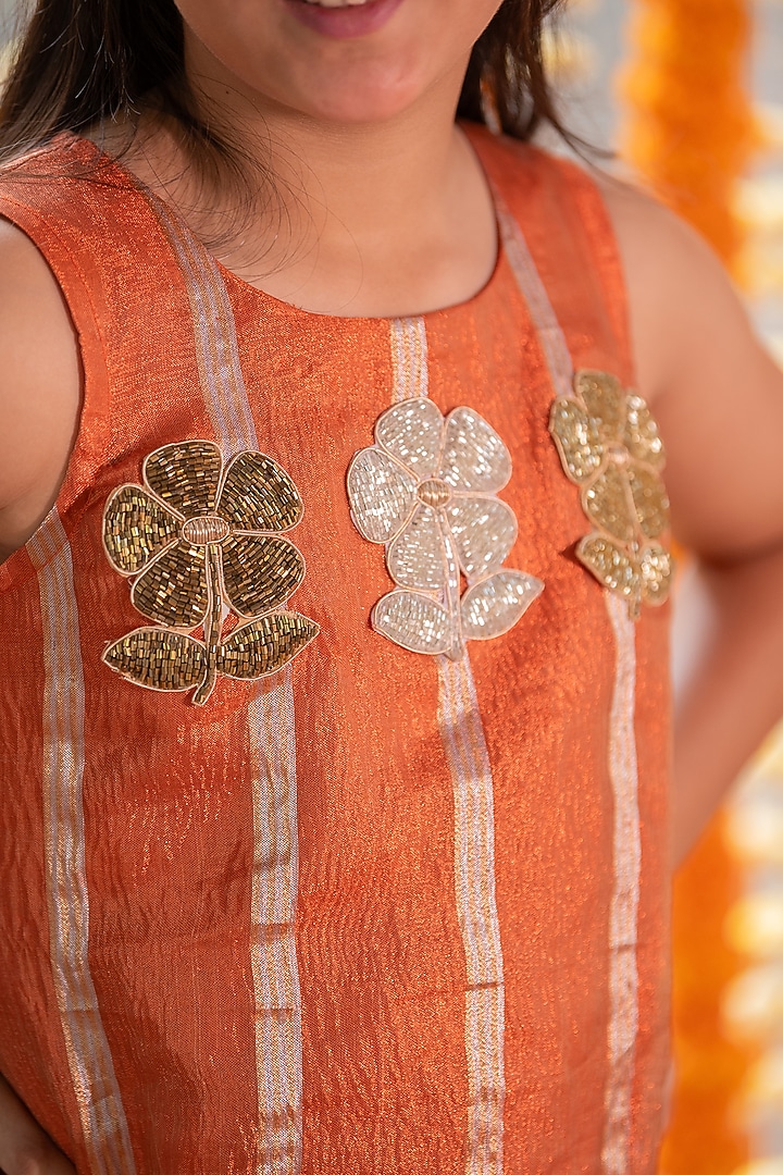 Orange & Dull Gold Tissue Embroidered Kurta Set For Girls by Kirti Agarwal Pret n Couture at Pernia's Pop Up Shop