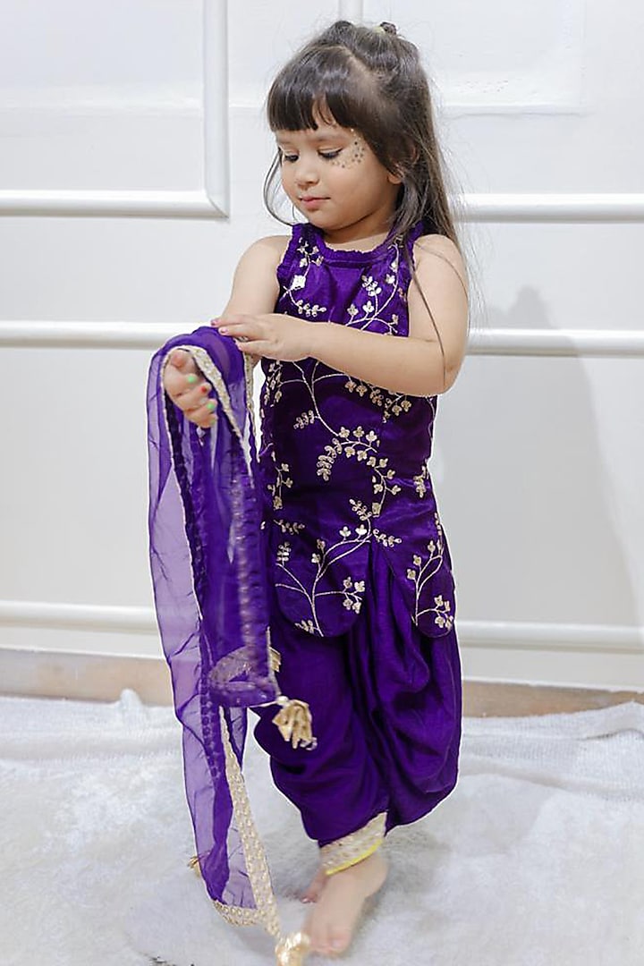 Purple Gaji Silk & Dola Silk Embroidered Dhoti Set For Girls by  Kirti Agarwal Pret n Couture at Pernia's Pop Up Shop