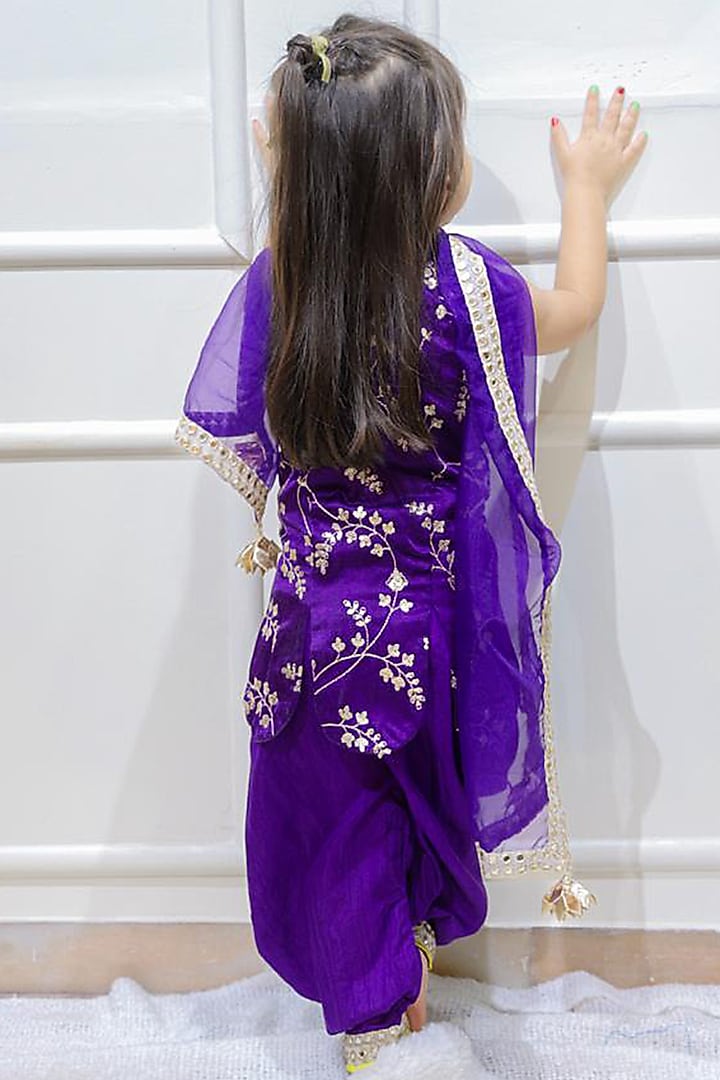 Purple Gaji Silk & Dola Silk Embroidered Dhoti Set For Girls by Kirti Agarwal Pret n Couture at Pernia's Pop Up Shop