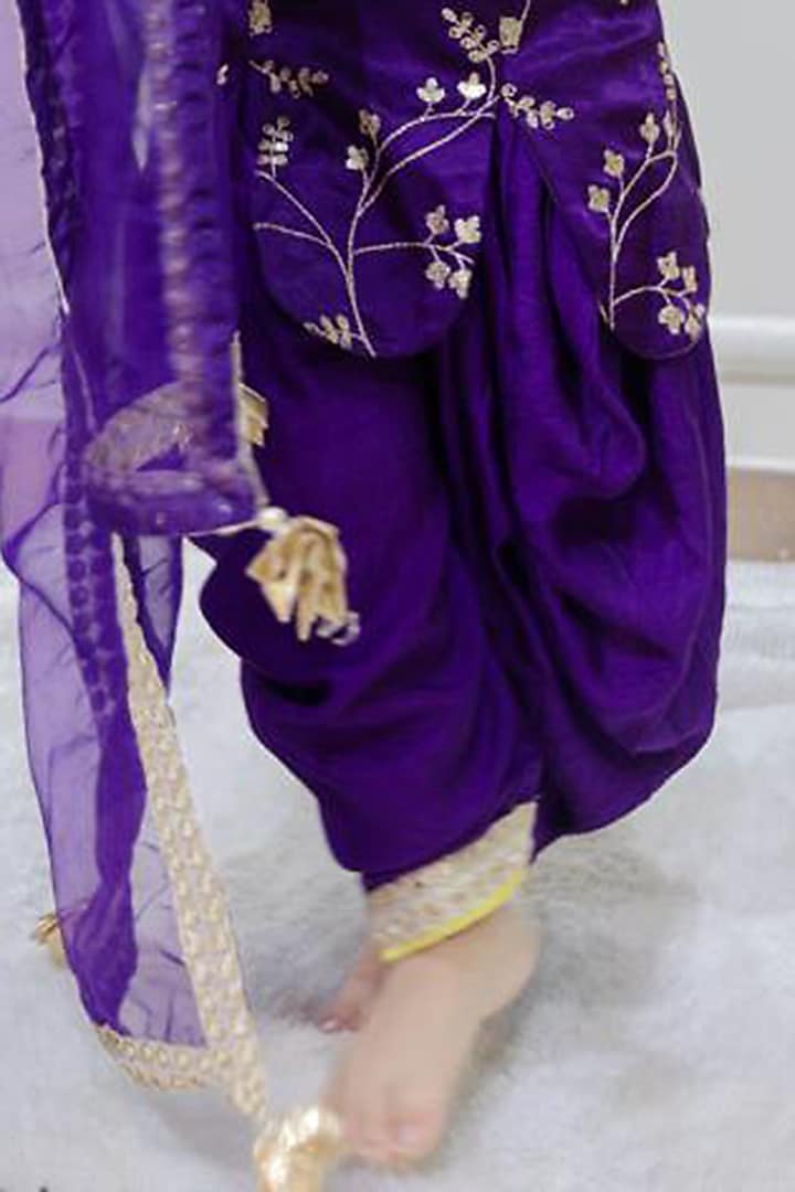 Purple Gaji Silk & Dola Silk Embroidered Dhoti Set For Girls by Kirti Agarwal Pret n Couture at Pernia's Pop Up Shop