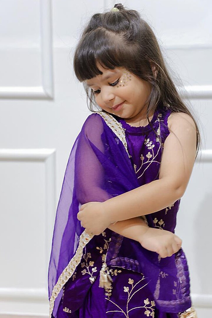 Purple Gaji Silk & Dola Silk Embroidered Dhoti Set For Girls by Kirti Agarwal Pret n Couture at Pernia's Pop Up Shop