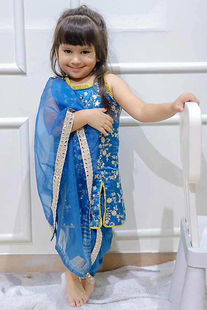 Peacock Blue Gaji Silk & Dola Silk Embroidered Dhoti Set For Girls by  Kirti Agarwal Pret n Couture at Pernia's Pop Up Shop