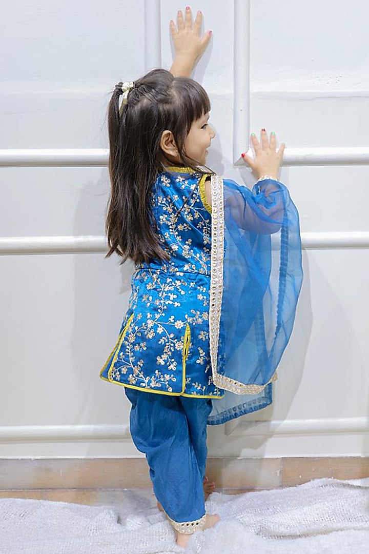 Peacock Blue Gaji Silk & Dola Silk Embroidered Dhoti Set For Girls by Kirti Agarwal Pret n Couture at Pernia's Pop Up Shop