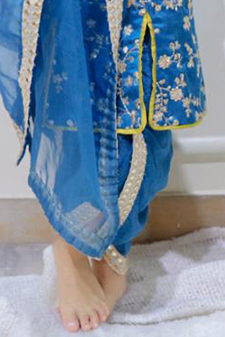 Peacock Blue Gaji Silk & Dola Silk Embroidered Dhoti Set For Girls by Kirti Agarwal Pret n Couture at Pernia's Pop Up Shop