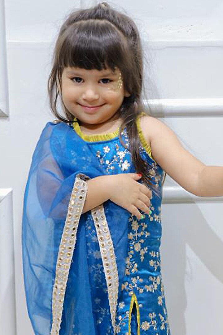 Peacock Blue Gaji Silk & Dola Silk Embroidered Dhoti Set For Girls by Kirti Agarwal Pret n Couture at Pernia's Pop Up Shop