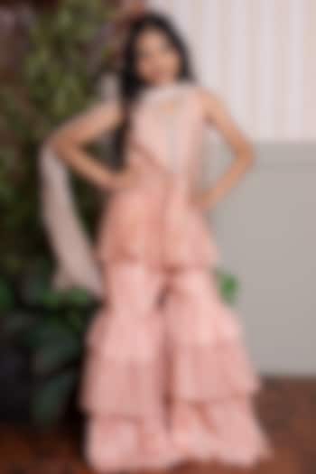 Peach Mul Chanderi & Soft Silk Blend Sharara Set For Girls by Kirti Agarwal Pret n Couture at Pernia's Pop Up Shop