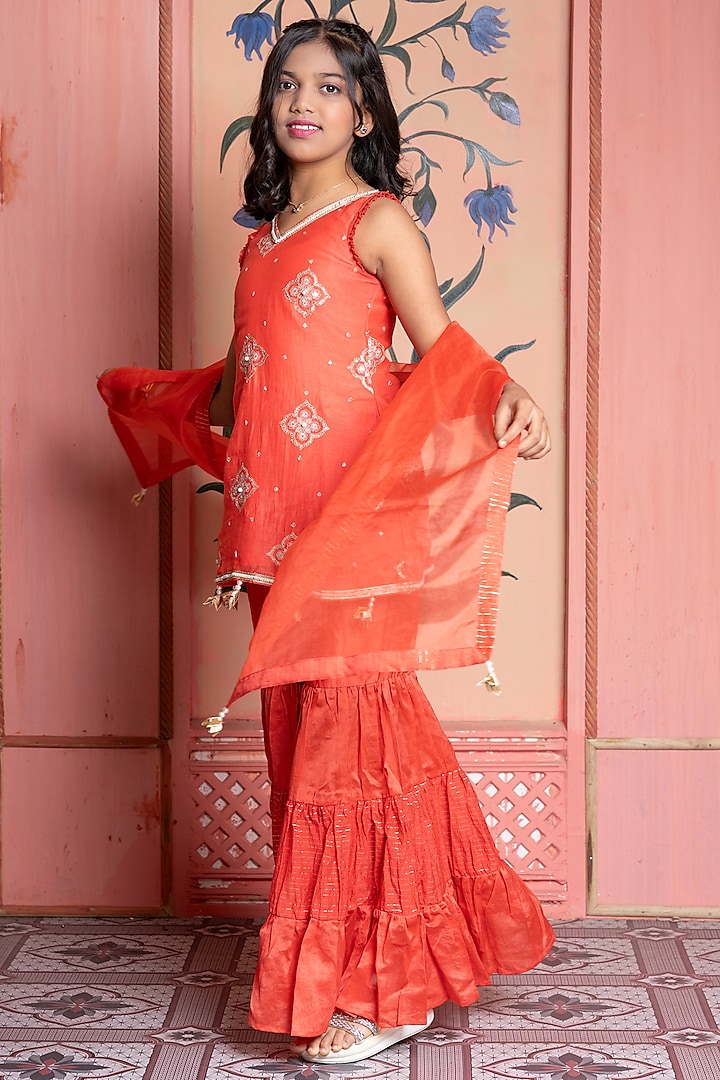 Orange Chanderi & Lurex Chanderi Tiered Sharara Set For Girls by Kirti Agarwal Pret n Couture at Pernia's Pop Up Shop