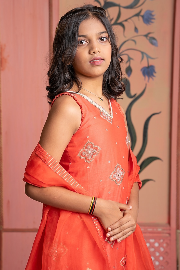 Orange Chanderi & Lurex Chanderi Tiered Sharara Set For Girls by Kirti Agarwal Pret n Couture at Pernia's Pop Up Shop