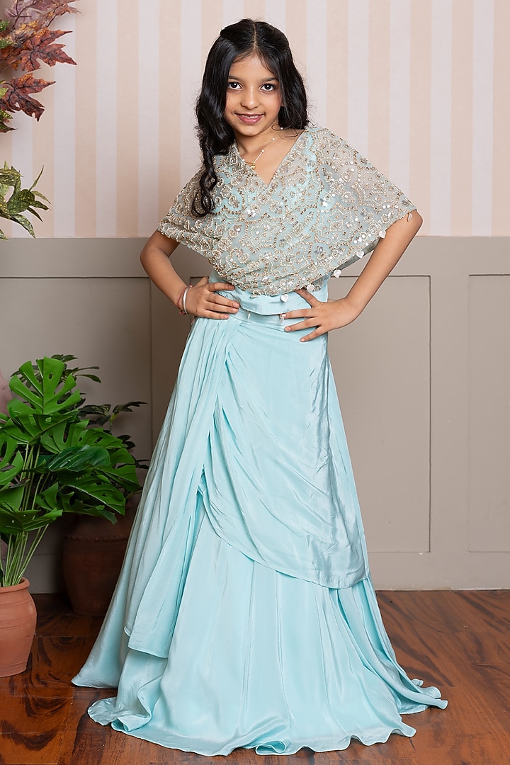 Sea Green Crepe & Organza Layered Lehenga Set For Girls by Kirti Agarwal Pret n Couture at Pernia's Pop Up Shop