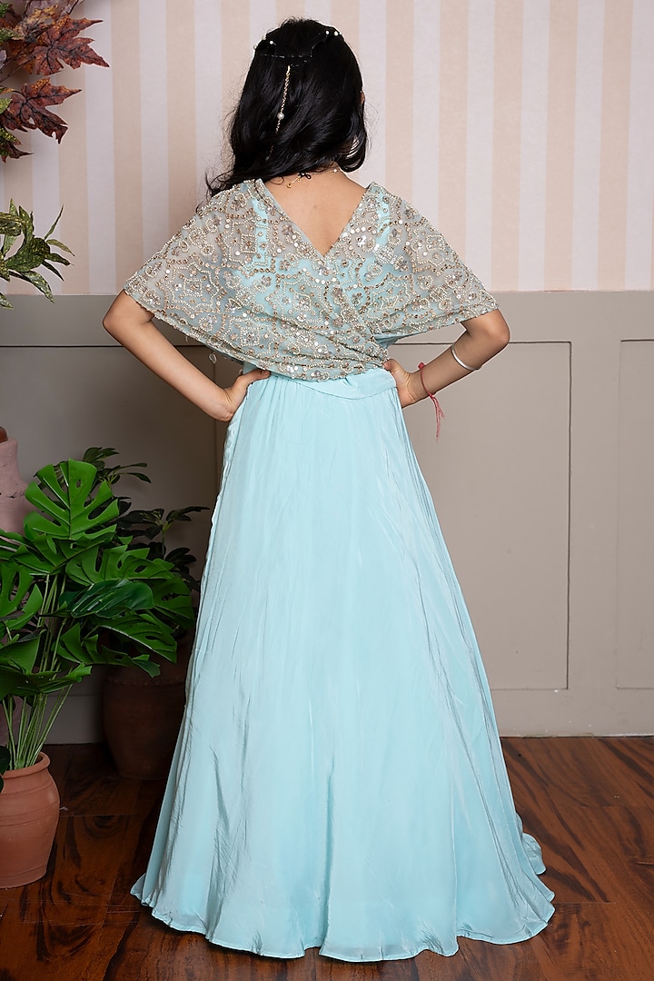Sea Green Crepe & Organza Layered Lehenga Set For Girls by Kirti Agarwal Pret n Couture at Pernia's Pop Up Shop