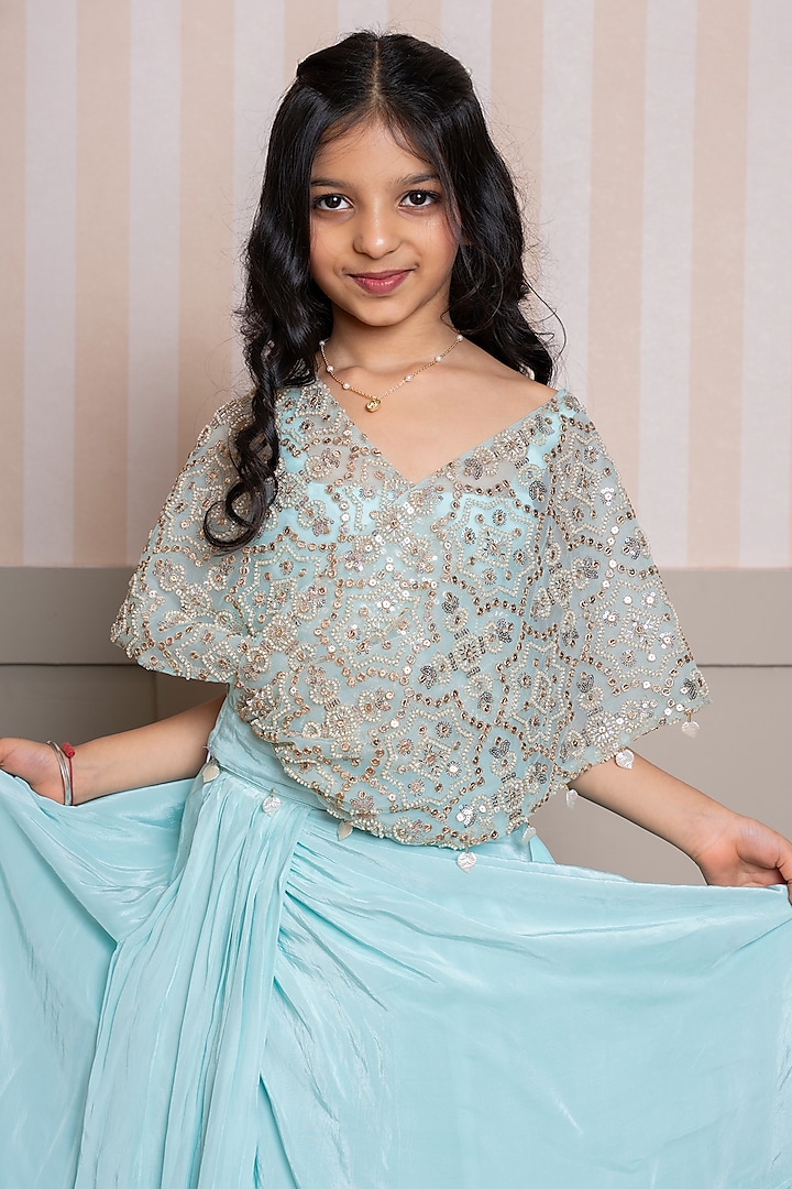 Sea Green Crepe & Organza Layered Lehenga Set For Girls by Kirti Agarwal Pret n Couture at Pernia's Pop Up Shop
