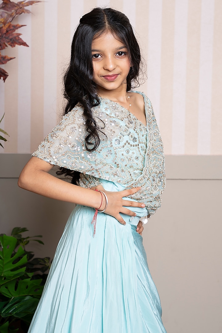 Sea Green Crepe & Organza Layered Lehenga Set For Girls by Kirti Agarwal Pret n Couture at Pernia's Pop Up Shop