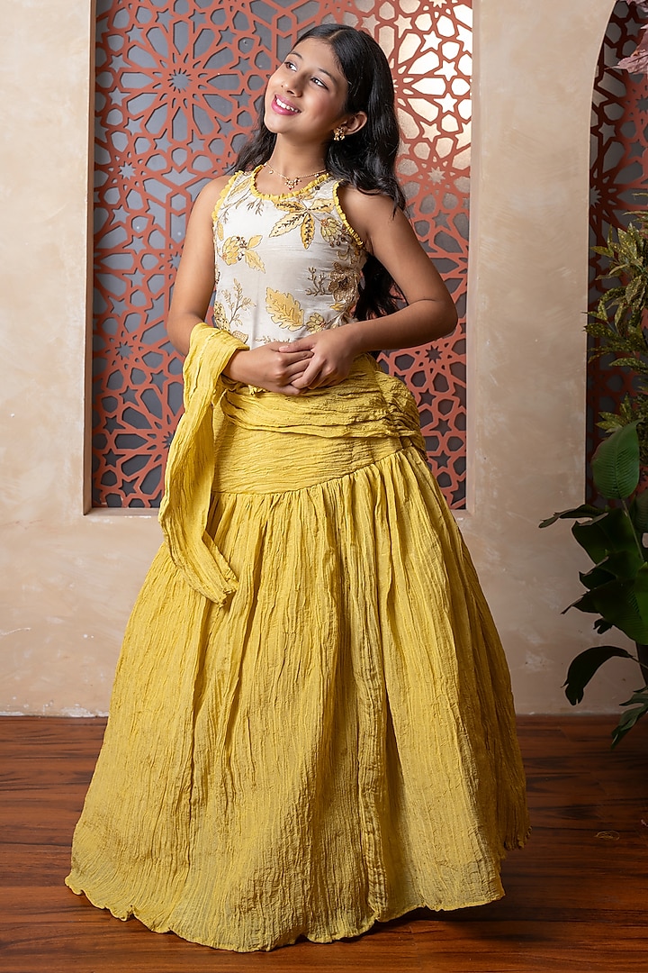 Rich Mustard Yellow Crinkled Cotton & Cotton Silk Blend Lehenga Set For Girls by Kirti Agarwal Pret n Couture at Pernia's Pop Up Shop