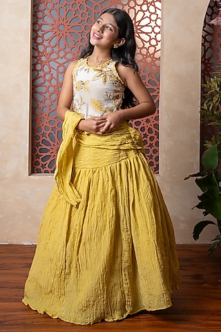 Rich Mustard Yellow Crinkled Cotton & Cotton Silk Blend Lehenga Set For Girls by Kirti Agarwal Pret n Couture
