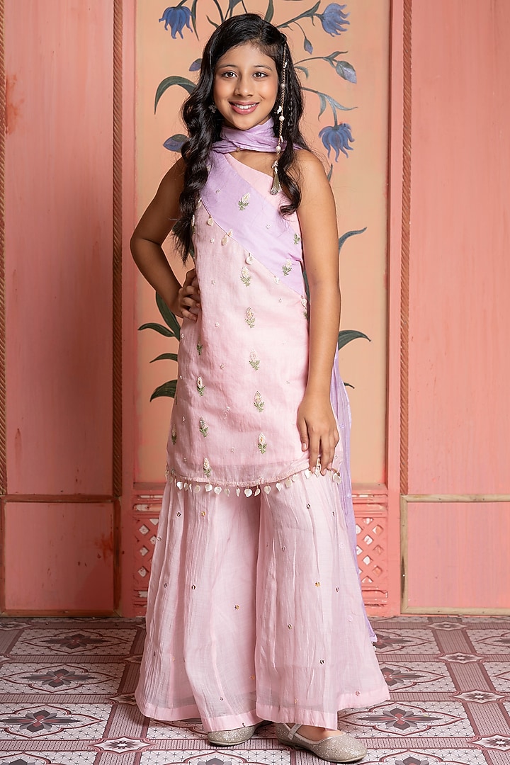 Blush Pink Mul Chanderi Silk Embroidered Sharara Set For Girls by Kirti Agarwal Pret n Couture at Pernia's Pop Up Shop