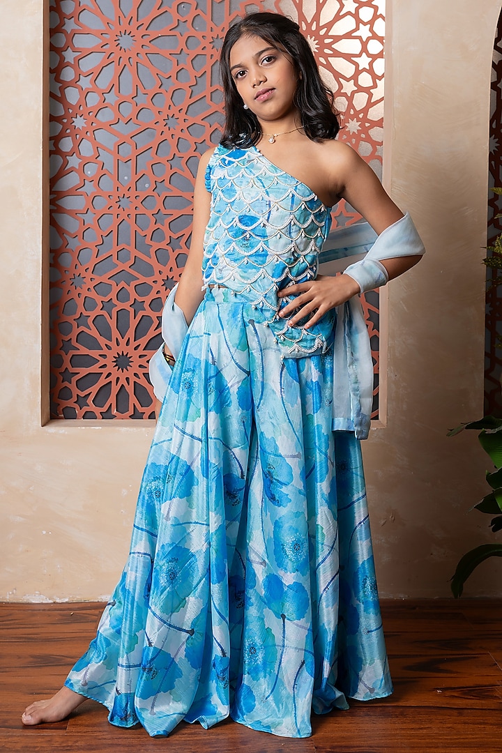 Ocean Blue Chinon Crepe Floral Printed Sharara Set For Girls by Kirti Agarwal Pret n Couture at Pernia's Pop Up Shop